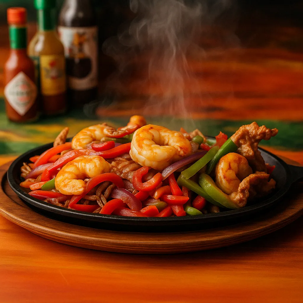 Sizzling Fajitas San Jose's Mexican Restaurant with shrimp, steak, chicken, bell peppers, and onions on a cast-iron skillet