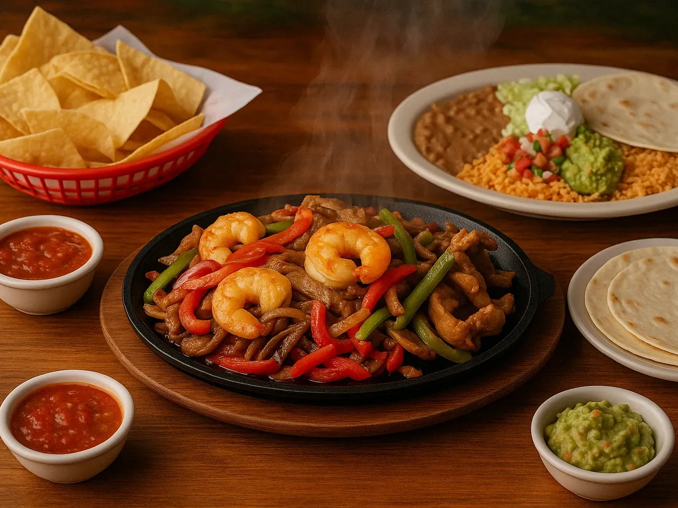 Sizzling Fajitas San Jose's Mexican Restaurant with shrimp, steak, chicken, bell peppers, and onions on a cast-iron skillet
