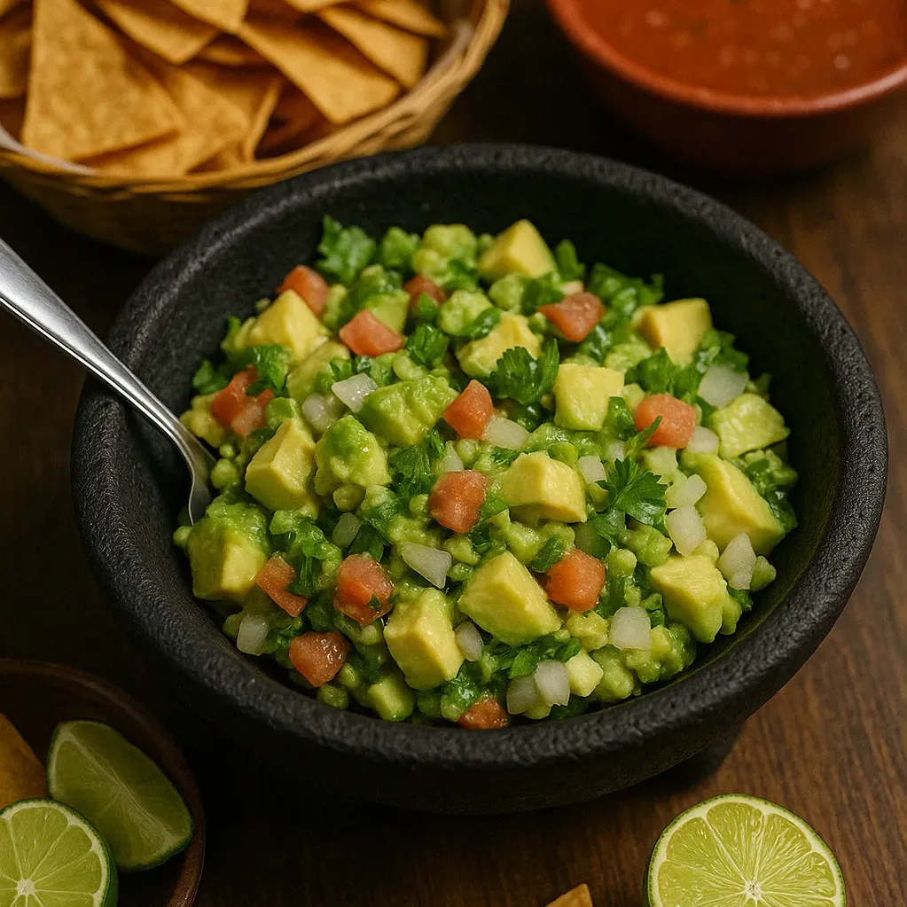 Fresh guacamole at San Jose Mexican Restaurant, served in a stone molcajete with avocado, tomato, onion, cilantro, chips, and salsa