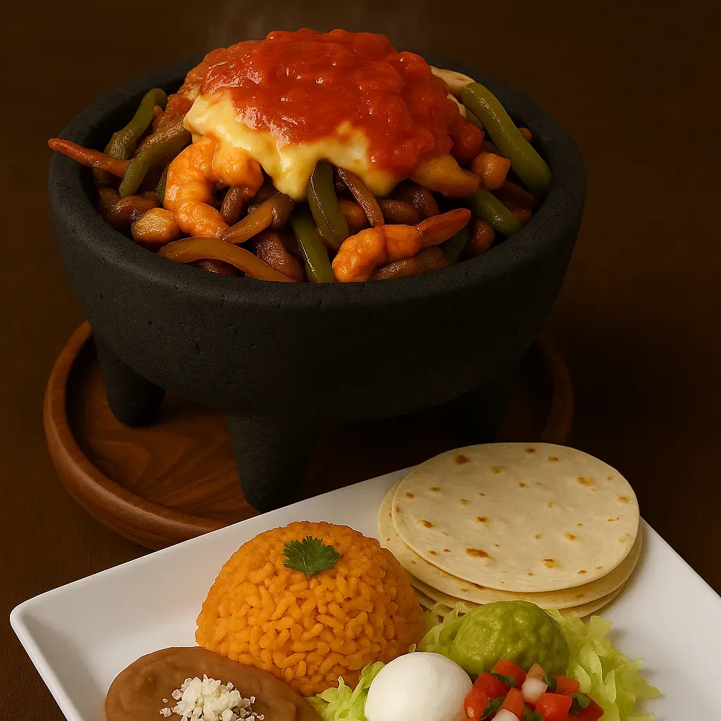 Molcajete at San Jose Mexican Restaurant served in a stone bowl with steak, chicken, shrimp, peppers, onions, cheese, and ranchero sauce, with rice, beans, tortillas, and fresh toppings on the side