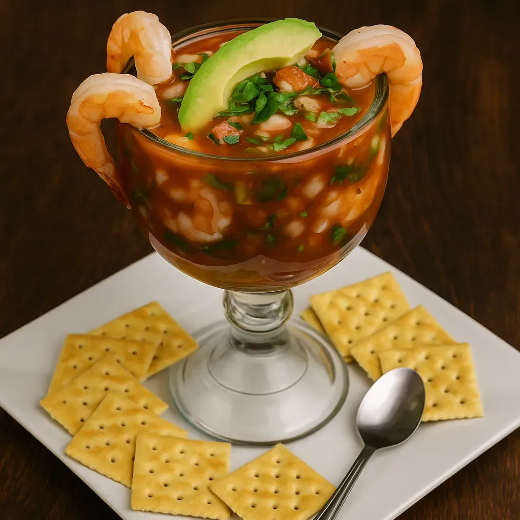 Shrimp cocktail at San Jose Mexican Restaurant with fresh shrimp, avocado, onions, tomato, and lime in a chilled glass