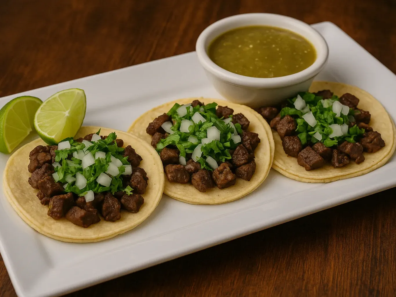 Steak street tacos at San Jose's Mexican Restaurant on corn tortillas with cilantro, onions, lime wedges, and salsa verde