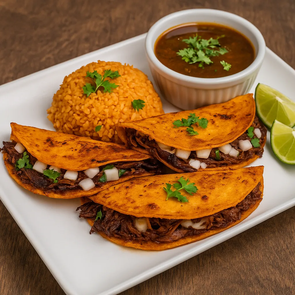 Cheesy birria tacos at San Jose Mexican Restaurant with shredded beef, onions, cilantro, Mexican rice, birria consomé, and lime wedges on a white plate