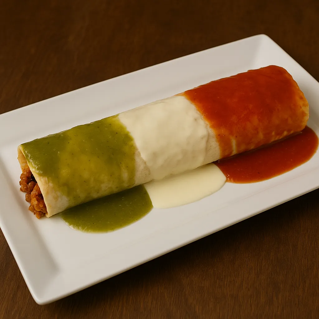 Burrito Bandera at San Jose Mexican Restaurant filled with steak, chicken, and chorizo, topped with green salsa, cheese sauce, and red salsa on a white plate styled like the Mexican flag