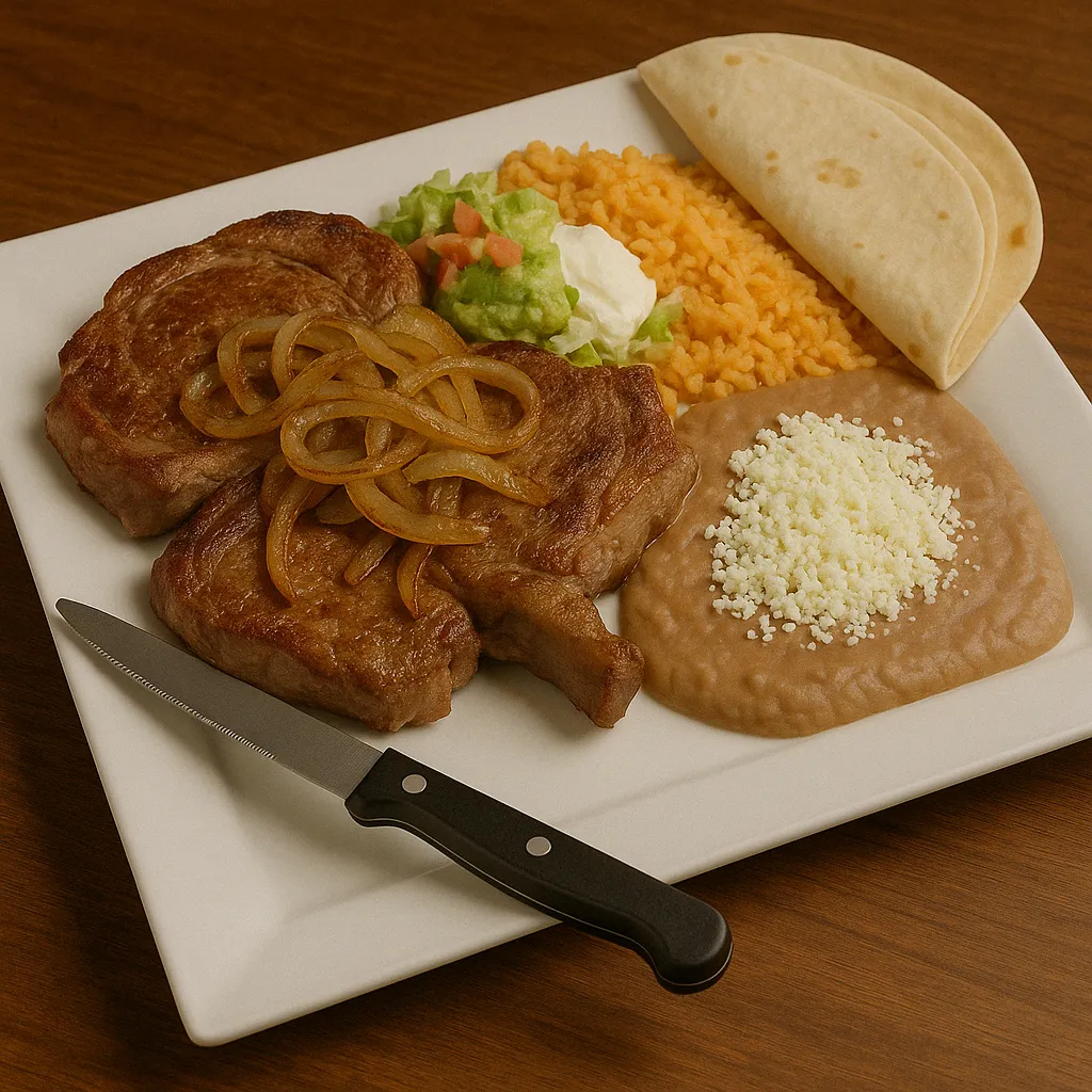 Carne asada plate at San Jose Mexican Restaurant with two grilled ribeye steaks, onions, refried beans, Mexican rice, guacamole salad, and flour tortillas on a white plate