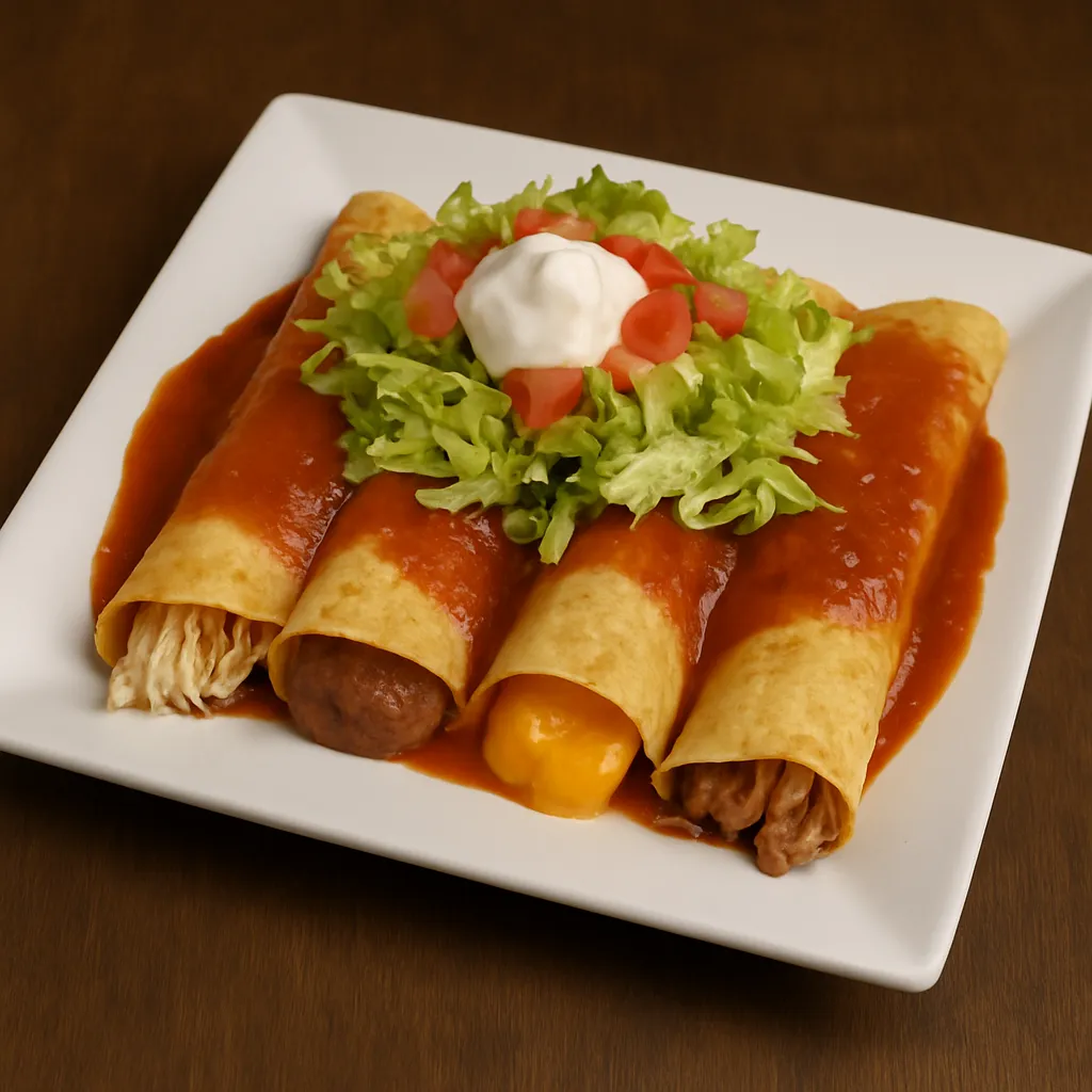 Enchiladas Supreme at San Jose Mexican Restaurant with chicken, beans, cheese, and beef in corn tortillas, topped with ranchero sauce, lettuce, tomatoes, and sour cream on a white plate