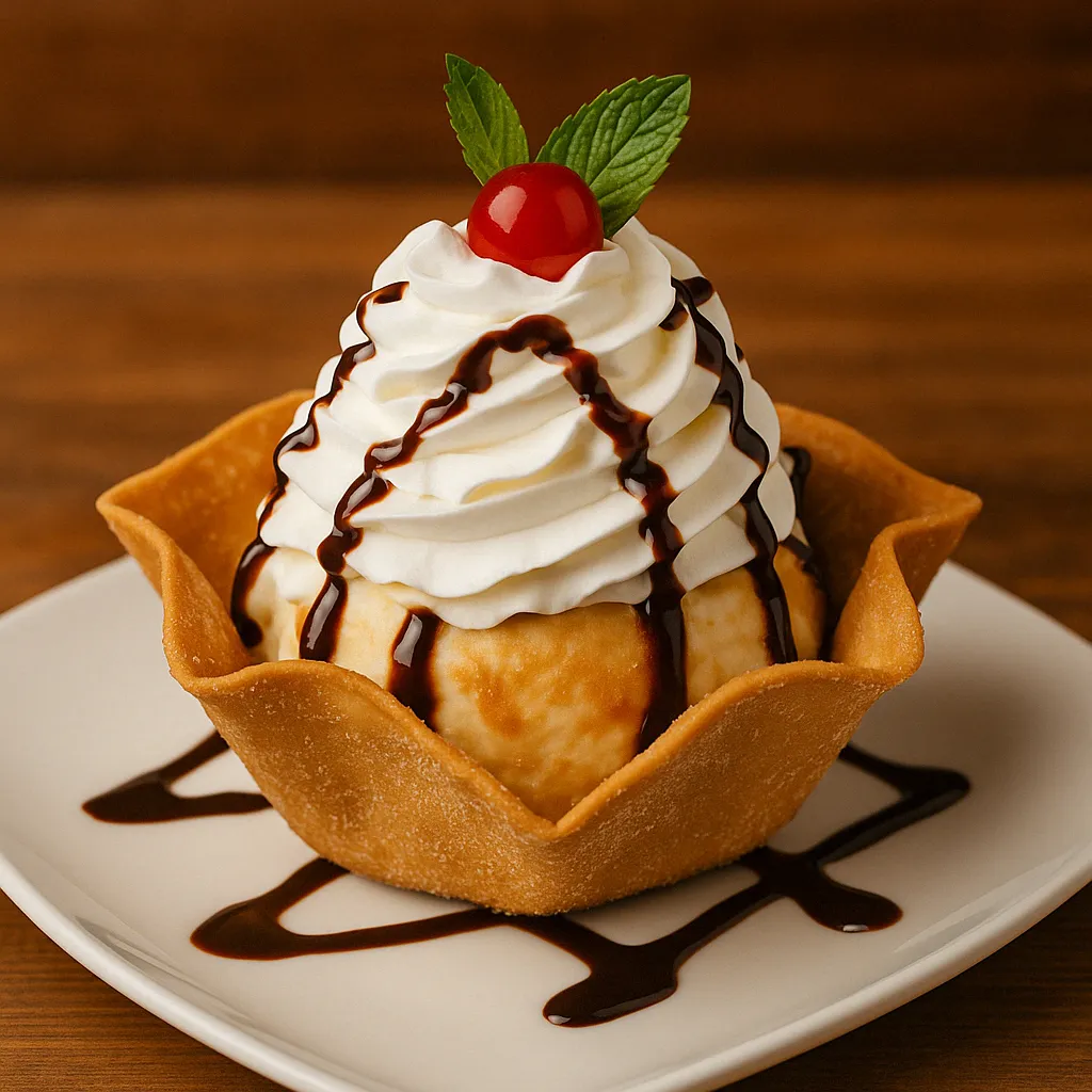Fried ice cream at San Jose Mexican Restaurant served in a crispy tortilla bowl with whipped cream, chocolate drizzle, cherry, and mint on a white plate