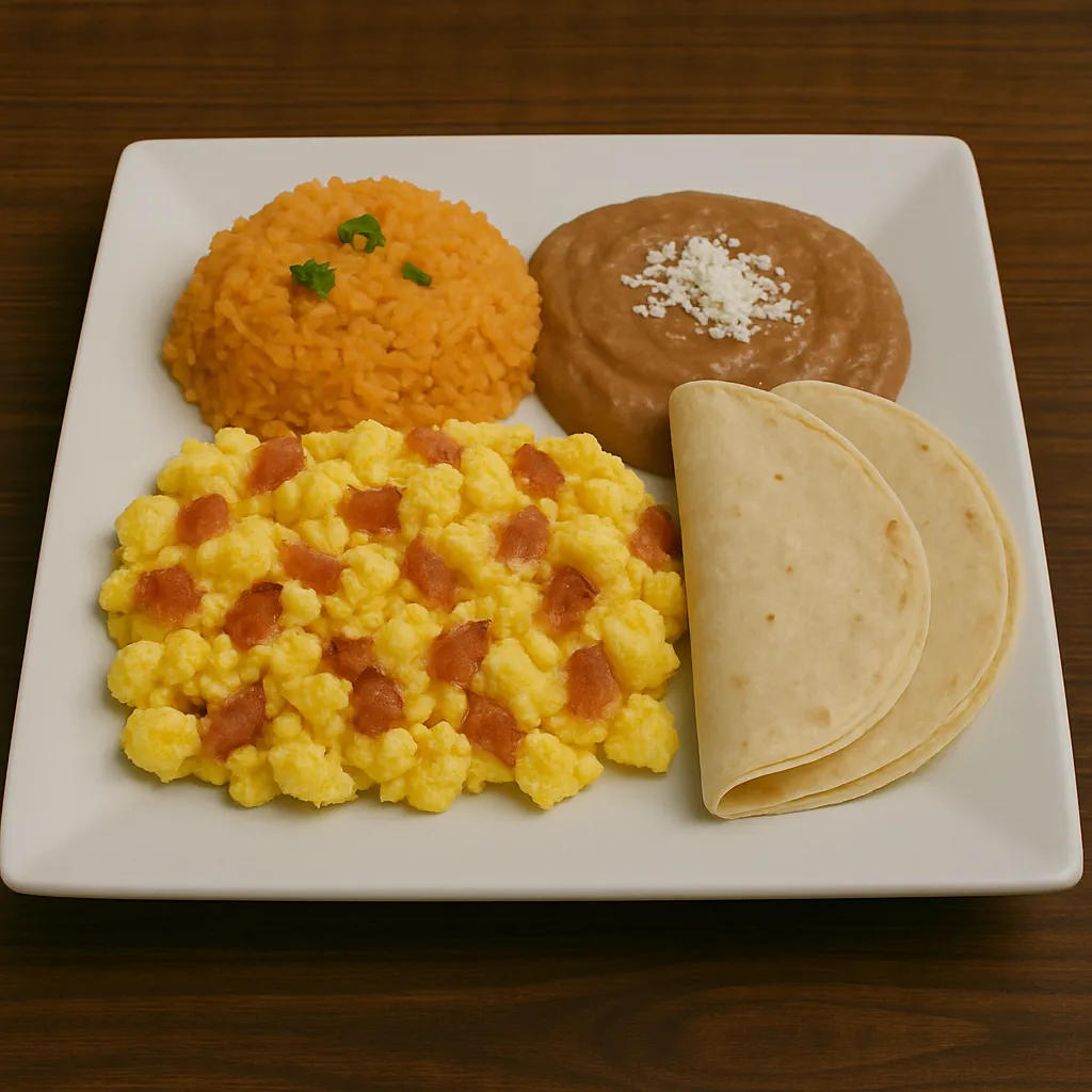 Huevos con tocino at San Jose Mexican Restaurant served with refried beans, Mexican rice, and warm tortillas