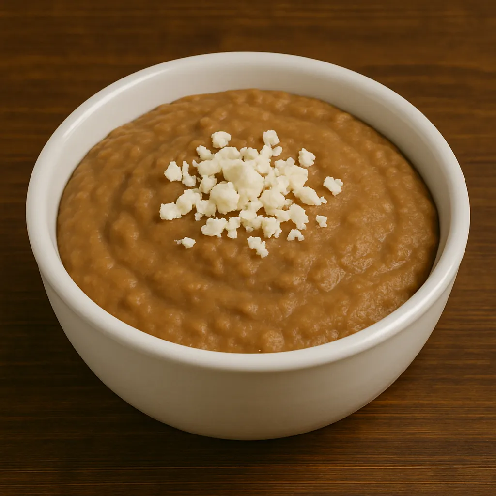Side of creamy refried beans at San Jose Mexican Restaurant topped with queso fresco